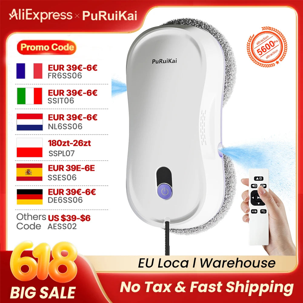 PuRuiKai Portable Window Cleaning Robot,Intelligent Cleaning with Dubbele Nozzle Water Sprayer, Remote Control