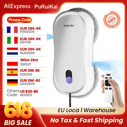 PuRuiKai Portable Window Cleaning Robot,Intelligent Cleaning with Dubbele Nozzle Water Sprayer, Remote Control