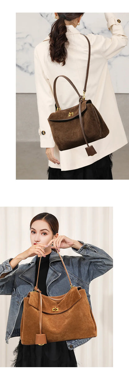Large Capacity Autumn Winter Suede Leather Tote Bag Frosted Cowhide High-Grade Shoulder Bag for Women