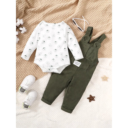3-24 Months Toddler Baby Boy 2PCS Clothing Set Bear Print Bodysuit with Green Overall Fashion Cute Autumn and Winter Costumes