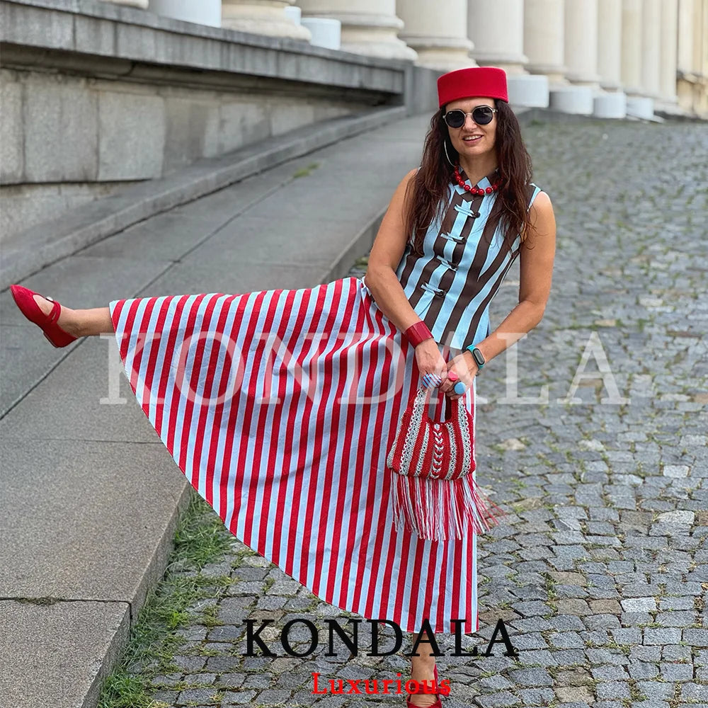 KONDALA Holiday Casual Chic Women Long Skirt Striped Zipper A-Line Draped Skirt Fashion 2026 Summer Fall Night Out Party Skirt
