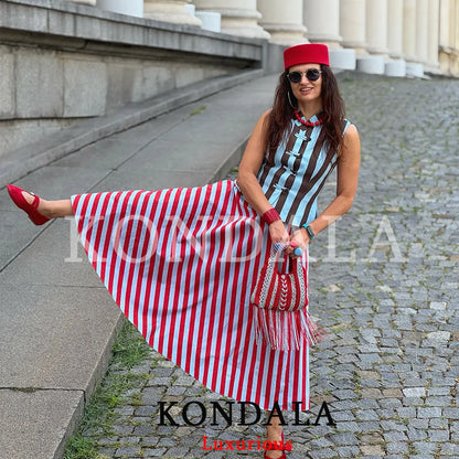 KONDALA Holiday Casual Chic Women Long Skirt Striped Zipper A-Line Draped Skirt Fashion 2026 Summer Fall Night Out Party Skirt