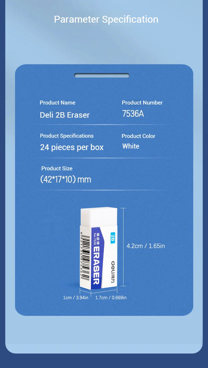 Deli 2B White Erasers Soft PVC Mess-Free Clean Rubber for Pencils Exam Office School Sketching Art Supplies
