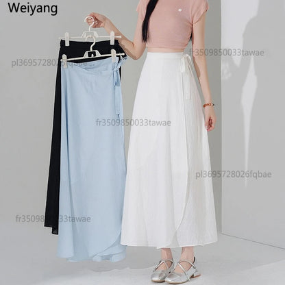 Chic Korea Clothes Summer Women Cute Sweet GIrls Solid Robe Holiday Date High Waist Retro Vintage Wrap One-Piece Lace-Up Skirts
