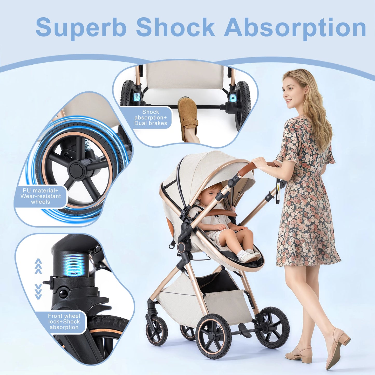 Luxury Baby Stroller 3 in1 Portable Baby Carriage Folding Prams High Landscape Car for Newborn Baby Adjustable Handle travel
