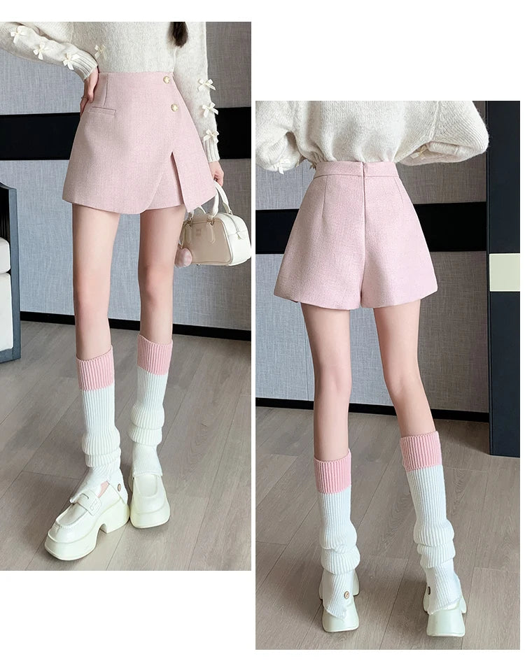 Autumn Winter Tweed Skirts Shorts Women Fashion Streetwear Cross Irregular Booty Shorts Pink Black Culottes Wide Leg Short Pants