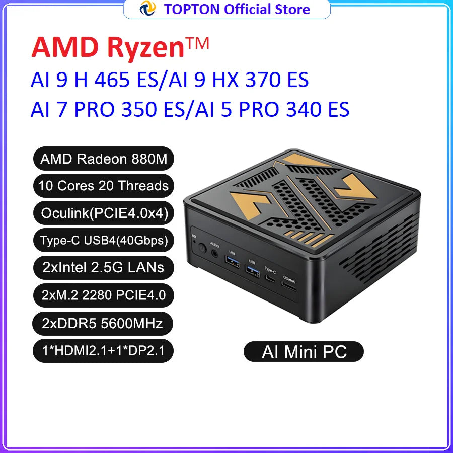Topton Gaming Mini PC AMD Ryzen AI 9 H 465 HX 370 AI 7 PRO 350 ES USB4 2x2.5G LAN NVMe Windows 11 Office Desktop Computer WiFi6E