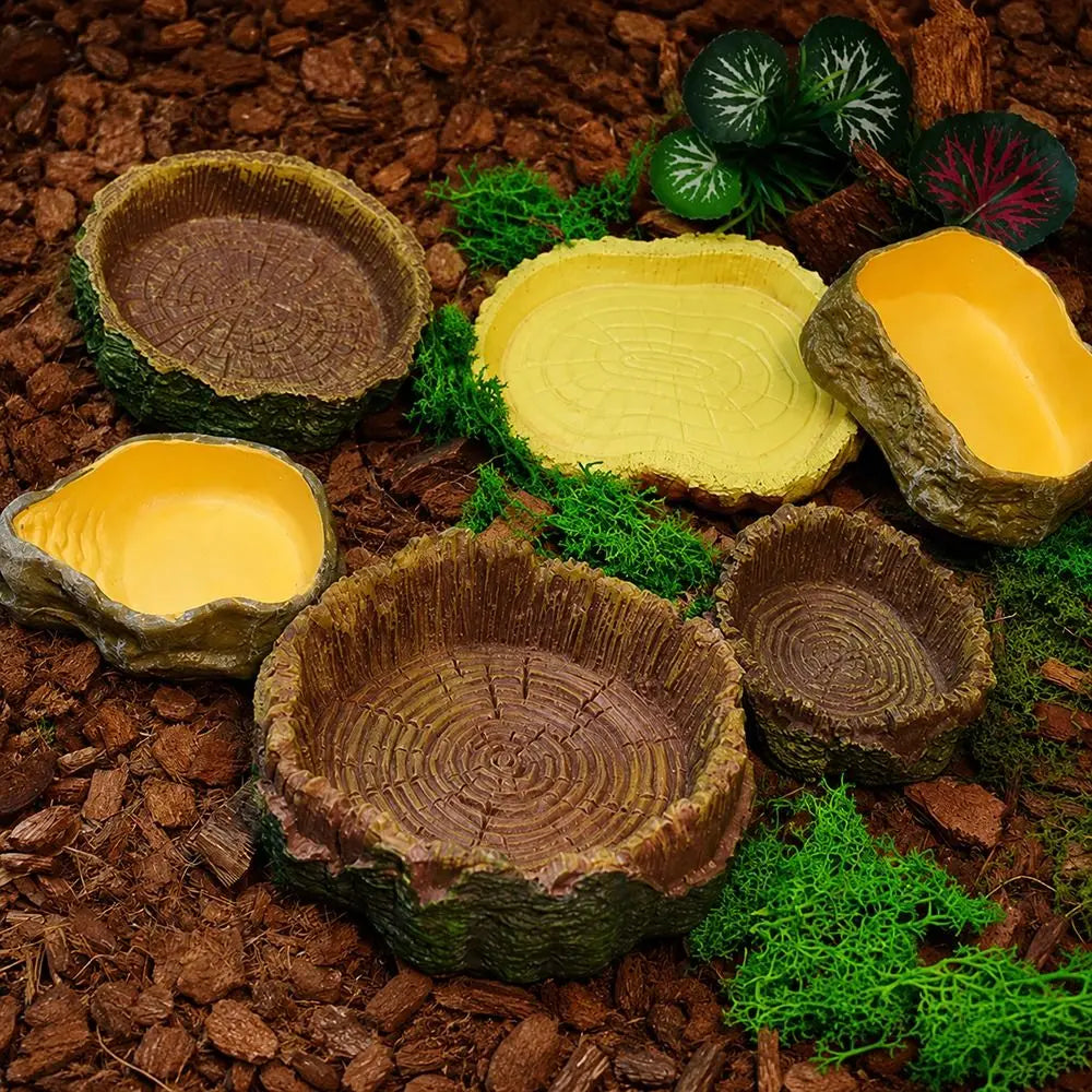 Multi-functional Reptile Feeding Bowl Multicolor Tree Stump Shape Crawler Water Basin Faux Stone Leak Proof