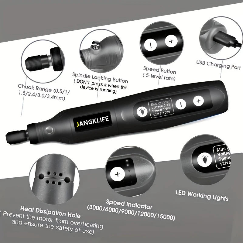 JANGKLIFE USB Cordless Rotary Tool Kit Woodworking Engraving Pen DIY For Jewelry Metal Glass Mini Wireless Drill