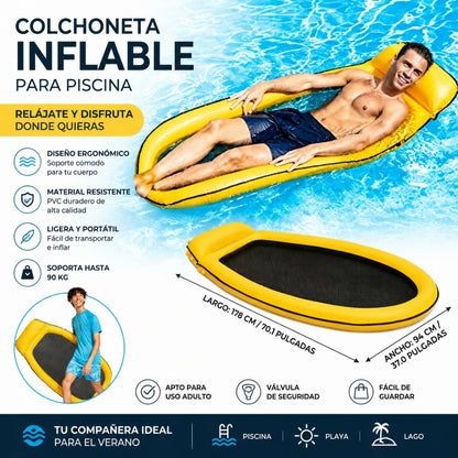 Inflatable adult floating mat 178x94cm integrated headrest breathable mesh durable PVC max load 110kg safety valve pool beach lake easy to inflate foldable summer