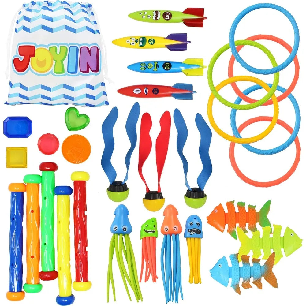 Sloosh 30 Pcs Diving Pool Toys Sinkers for kids with Storage Bag Includes 5 Diving Sticks 6 Diving Rings