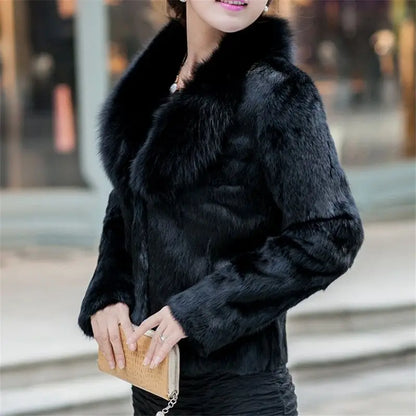 100% Genuine Whole Skin Rabbit Fur Coat with luxury Real Natural Fox Fur Collar Jacket Full Pelt Rabbit Fur Overcoat HT89