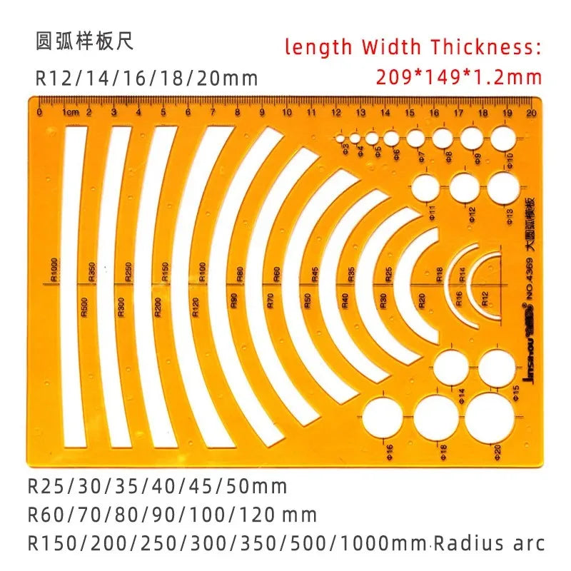 Geometric Drawing Template Set With Measuring Ruler - Yellow Transparent Plastic Tools+Bonus PE Zipper Bag - For Architecture