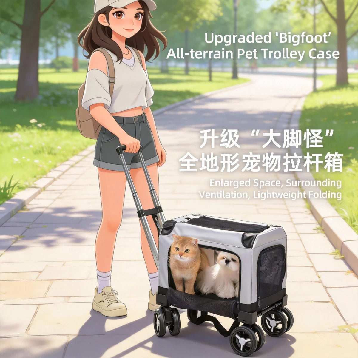 Large Wheel Breathable Pet Rolling Carrier Large Capacity Travel Bag For Two Cats Dogs Portable Car Pet Stroller