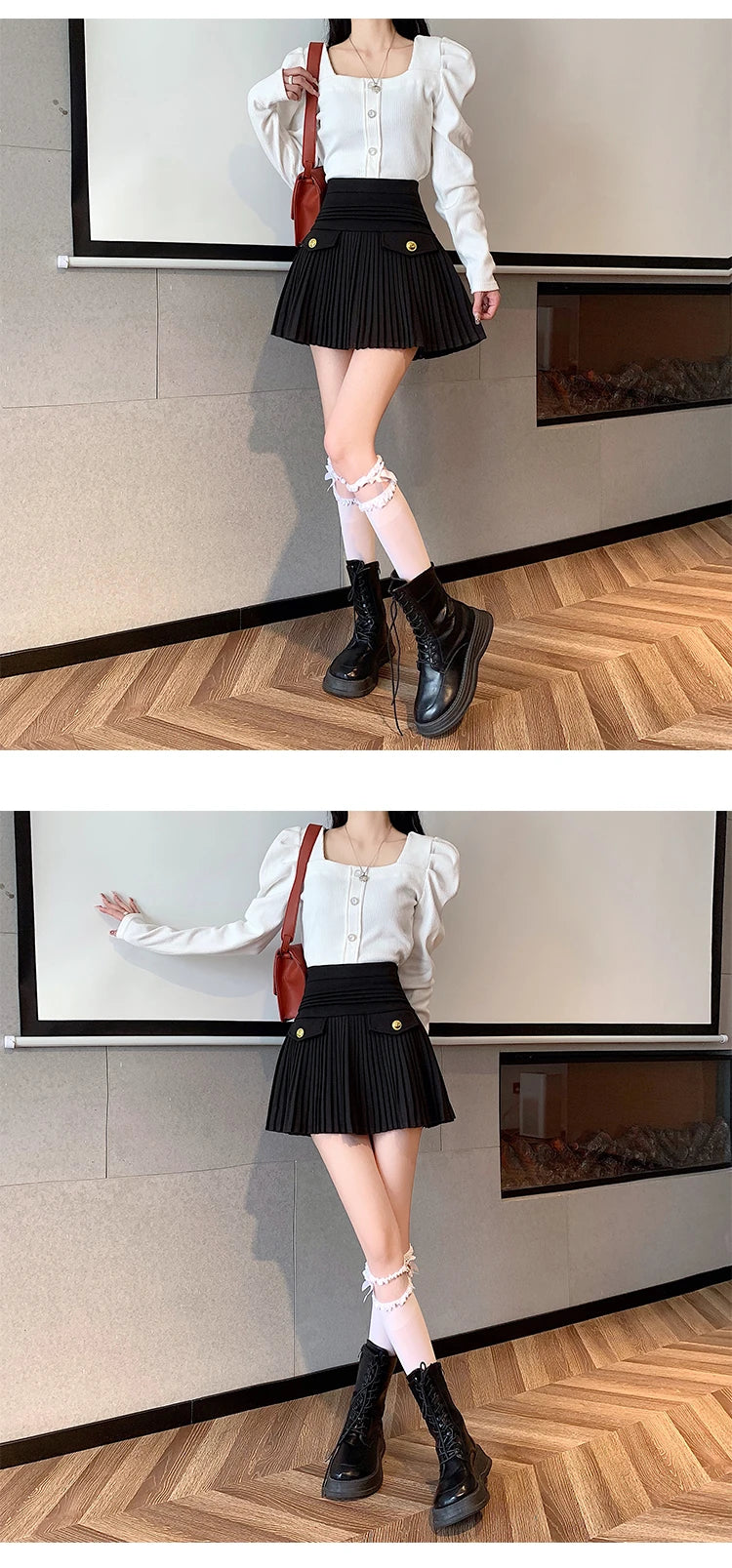 New Fashion Korean Elegant Pleated Mini Skirts Women Vintage Buttons Woolen Solid A-line High Waist Short Skirt Autumn Spring 