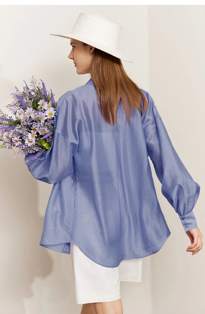 AMII Minimalist Blouse for Women 2023 Autumn Lantern Sleeve V-Neck Slightly Transparent Elegant Commuter Clothing Tops 72341030