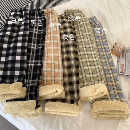 JMPRS Fashion Warm Plush Pants Thick Plaid Women Casual Loose Wide Leg Trousers Korean Streetwear Straight Student Pants New