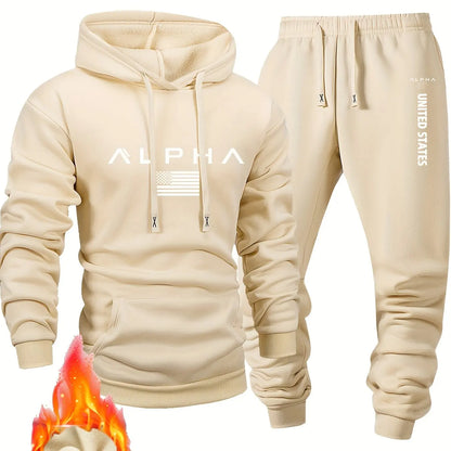 Men casual sportswear set  Fashionable American-style letter printed fleece pullover and fitted sweatpants set highly versatile