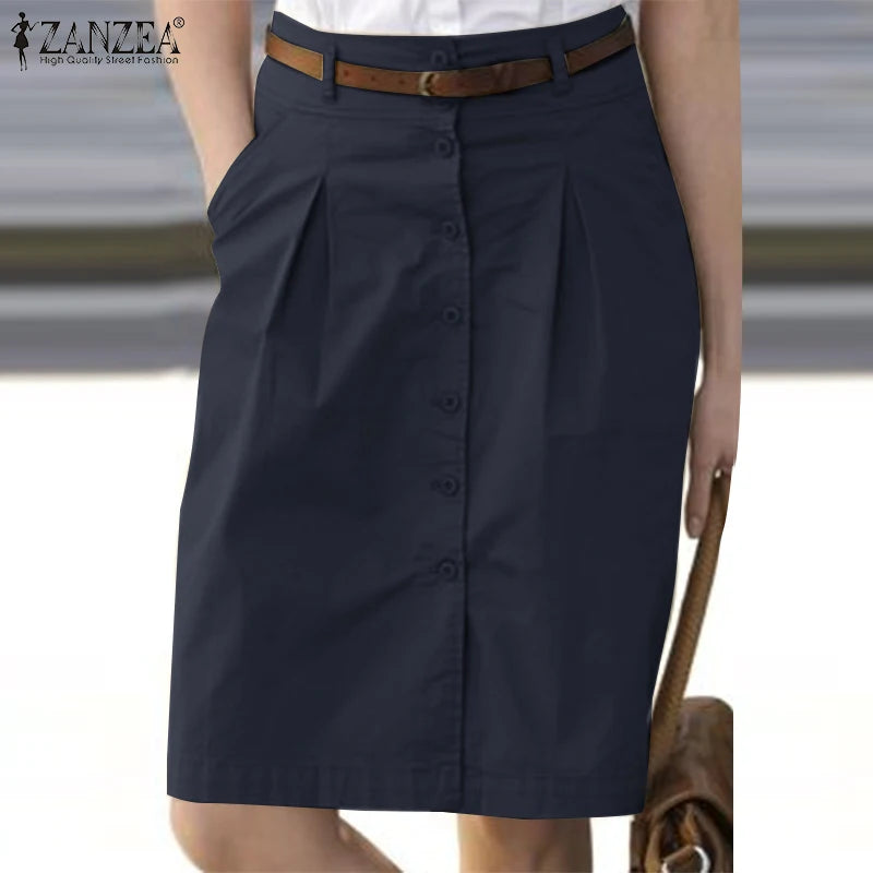 ZANZEA Woman Fashion OL Work Skirts Summer Elegant High Waist Skirt Female Casual Pleated Robe Vintage Buttons Up Faldas Saia