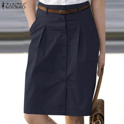 ZANZEA Woman Fashion OL Work Skirts Summer Elegant High Waist Skirt Female Casual Pleated Robe Vintage Buttons Up Faldas Saia