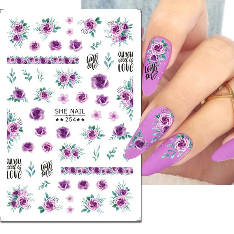 3d Nail Art Decals Spring Booming Violets Lavenders Purple Blue Pink Flowers Butterflys Stickers Decoration For Nail Tips Beauty