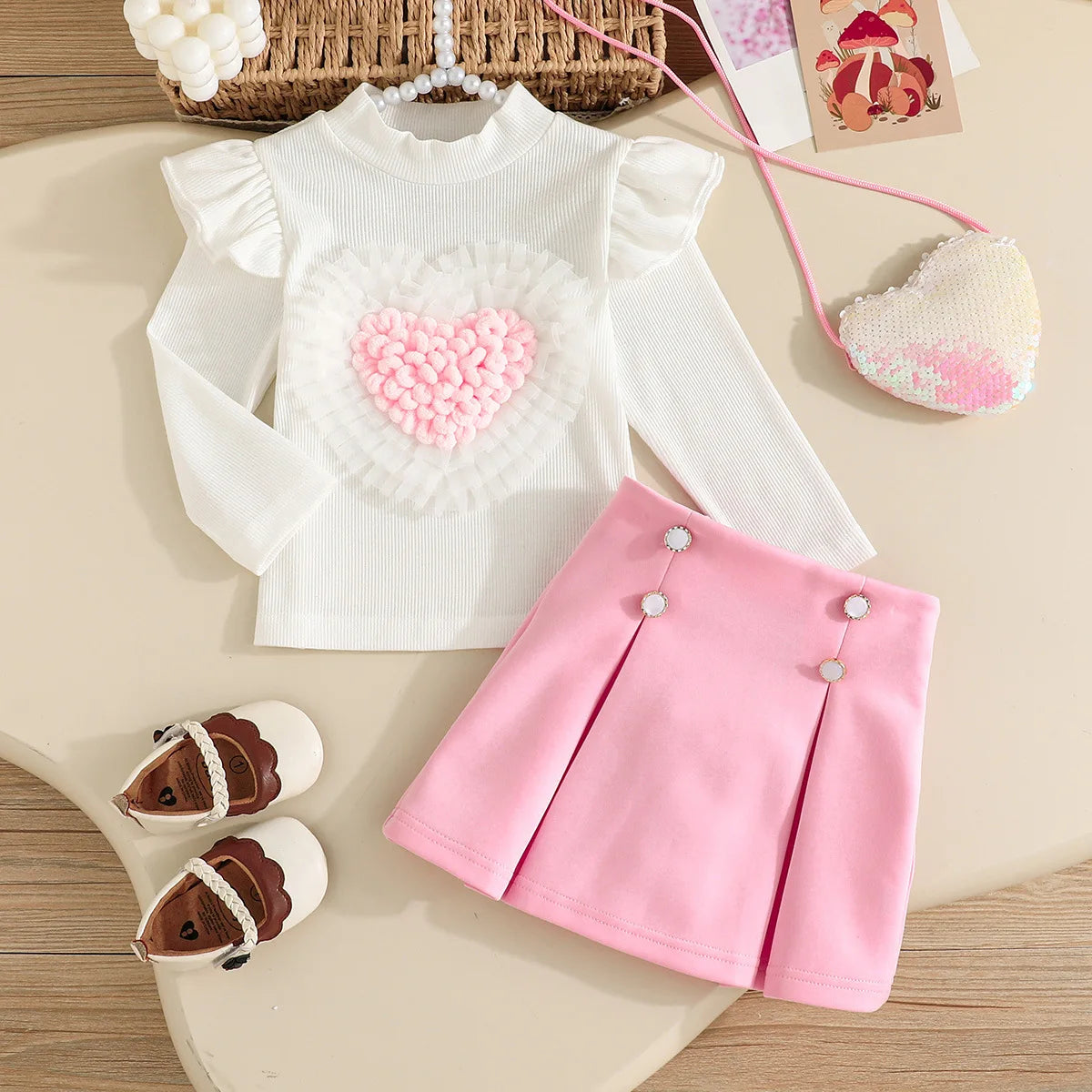 0-3Y Baby Girl Outfit Set 2pcs Puffy Sleeve Heart Shape Top and Corduroy Skirts Valentines Day Sweet Toddler Kids Clothes Girls