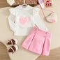 0-3Y Baby Girl Outfit Set 2pcs Puffy Sleeve Heart Shape Top and Corduroy Skirts Valentines Day Sweet Toddler Kids Clothes Girls