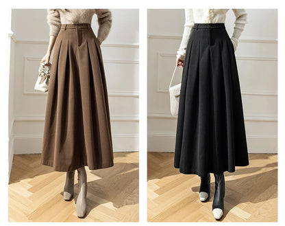 Vintage Winter Woolen Long Skirts For Women Streetwear High Waist Pleated Maxi Skirt Big Swing Folds A-Line Jupe Longues Femme