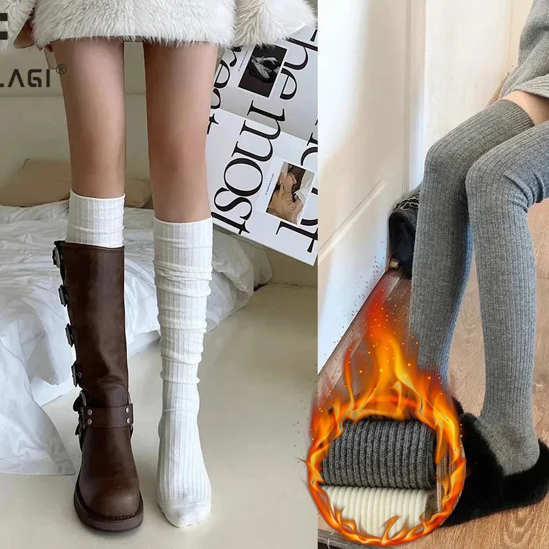Cashmere Knitted Knee High Socks Women's Solid Soft Long Wool Socks Casual Fluffy Warm Stocking Skinny Thicken Thigh High Socks