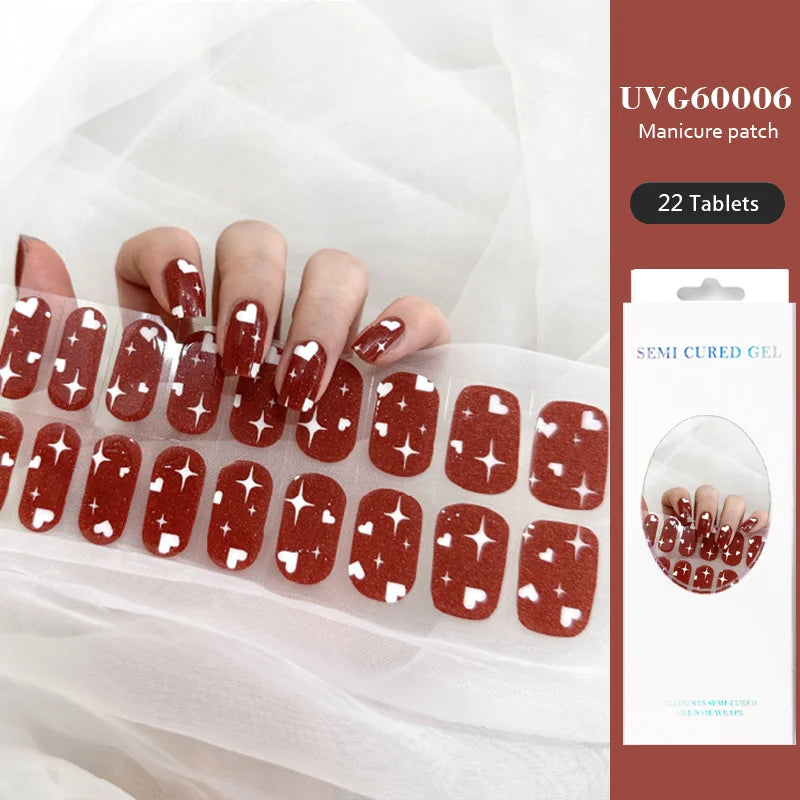 16/22 Tips Semi Cured Gel Nail Stickers for UV Lamp Designer Adhesive Nail Gel Wraps DIY Long-lasting  Nail Decoration