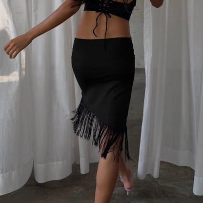 European American Low Rise Elegant One Piece Tassel Skirt Knitted Irregular Strap Wrapped Mid Length Skirt
