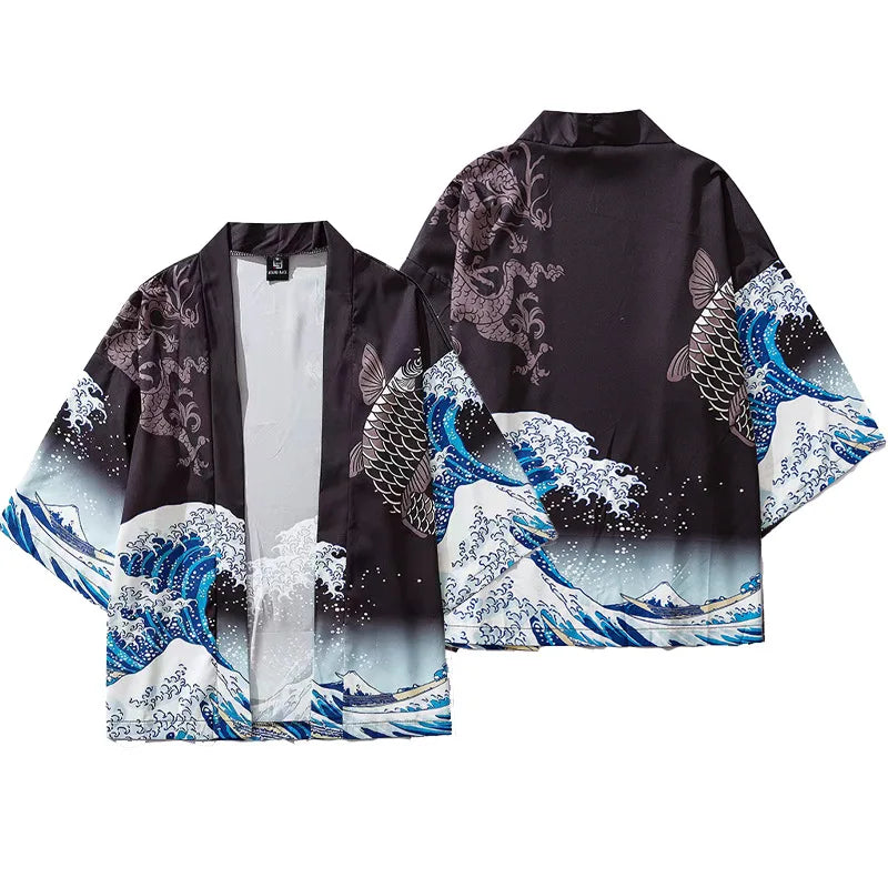 Large Size 5XL 6XL Japanese Kimono Cardigan Pants Set Print Fox Men Women Shirt Tradition Yukata Haori Obi Cosplay Costume