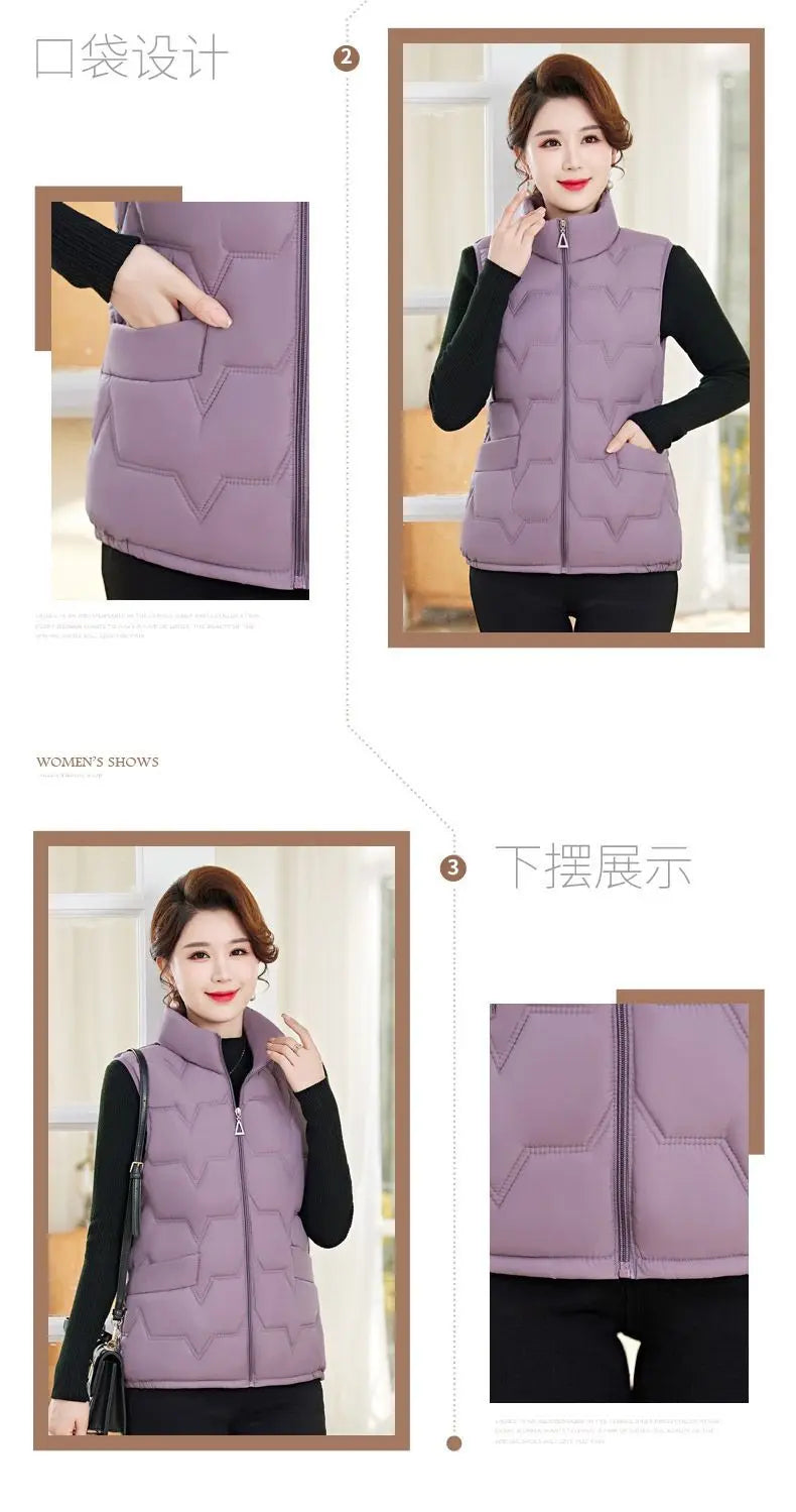 Fashion Women Down Cotton Jackets Vests Solid Stand Collar Zipper Cardigan Thicken Autumn Winter Warm Casual Sleeveless Coats