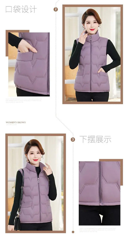 Fashion Women Down Cotton Jackets Vests Solid Stand Collar Zipper Cardigan Thicken Autumn Winter Warm Casual Sleeveless Coats