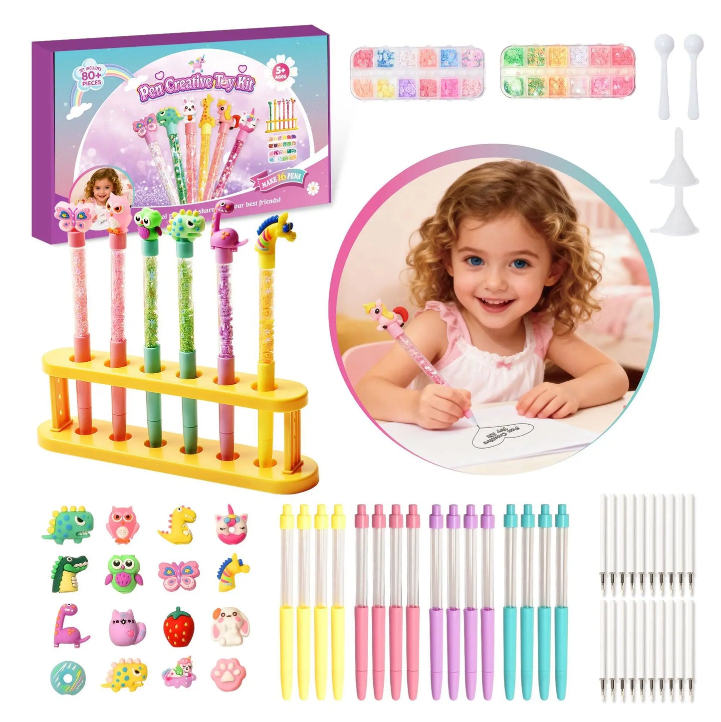DIY Glitter Pen Making Kit Kids Craft Supplies 80+ Pieces Handmade Art Set Make 16 Pens Cartoon Decor Birthday Gift for Girls Bo