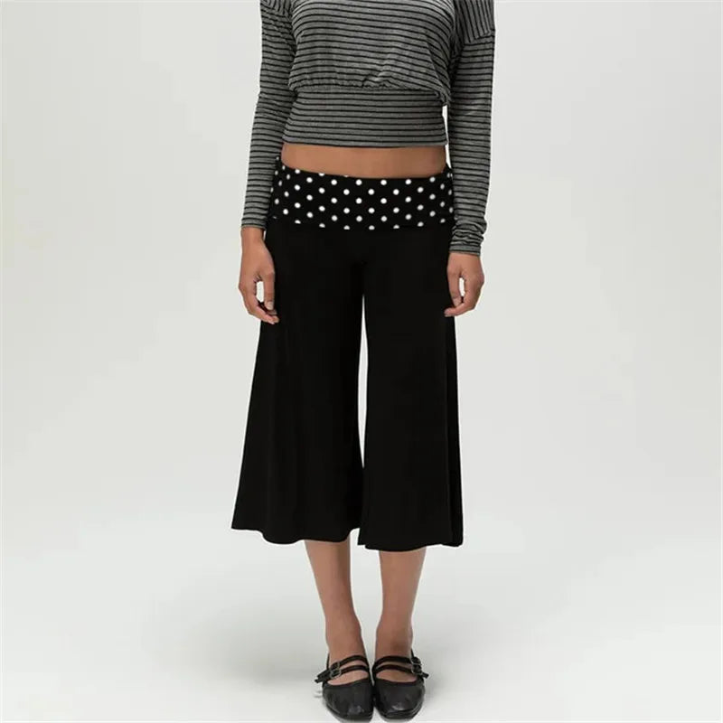 Women Fold Over Waist Gaucho Pants Low Rise Cropped Wide Leg Capri Pants Summer Foldover Culottes Yoga Pants Pajama Bottoms