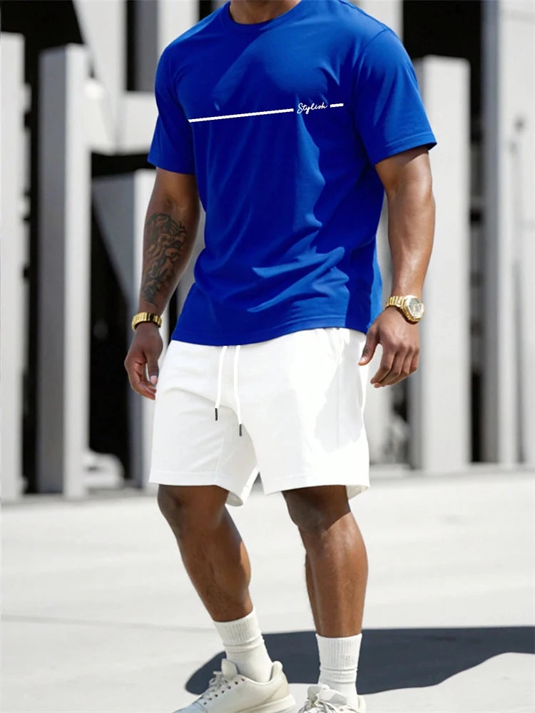 2025 New Men's Summer Round Neck Short Sleeve Suit Outdoor Sports Breathable Comfortable Shorts Suit Letter Print Casual Suit