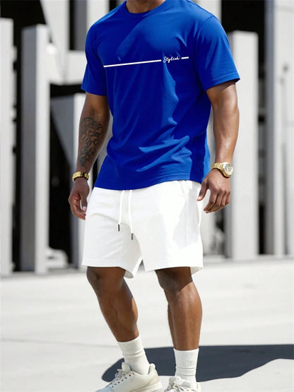 2025 New Men's Summer Round Neck Short Sleeve Suit Outdoor Sports Breathable Comfortable Shorts Suit Letter Print Casual Suit