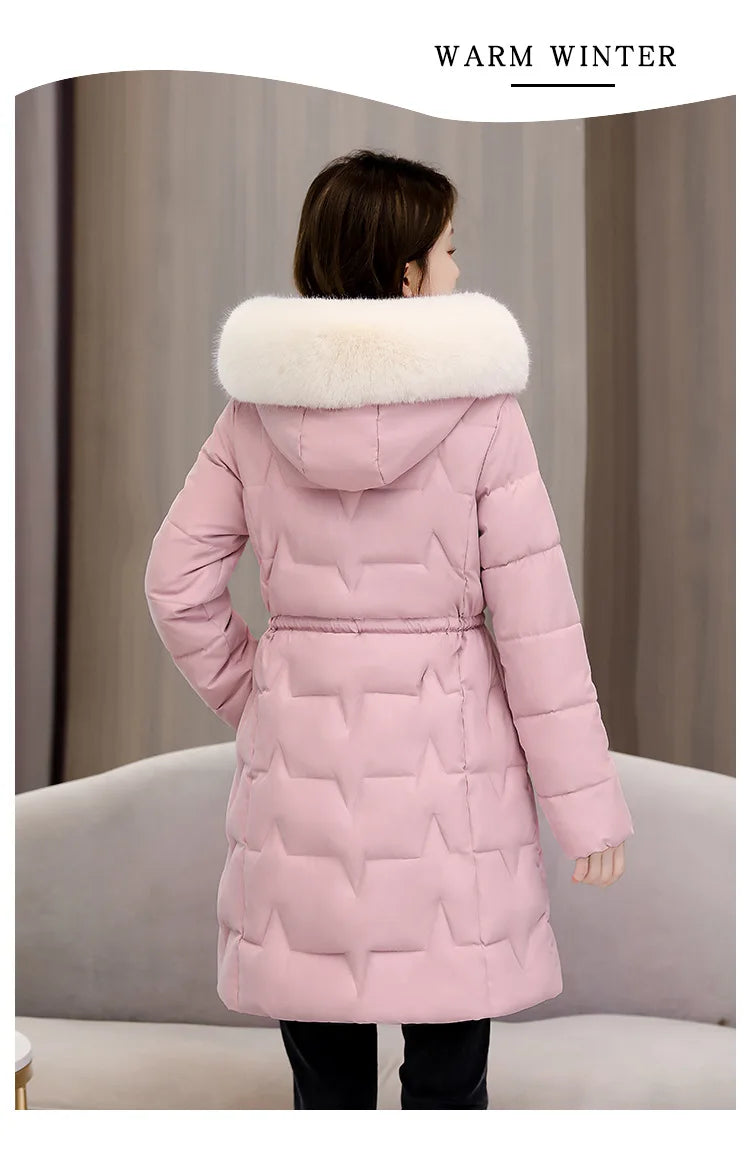 Hooded Women Parkas Coats Mid LenthJackets  Oversize Solid Fur Collar Zipper Drawstring Waist Loose Casual 2025 Autumn Winter