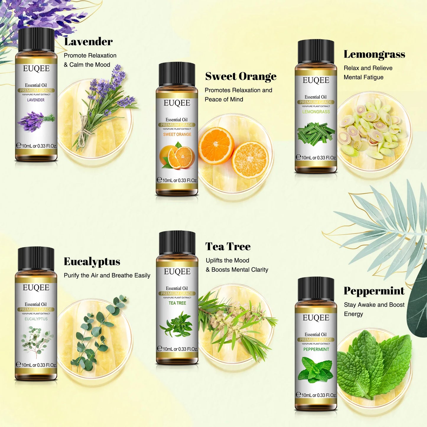 EUQEE Floral Essential Oils Set Of 6 Bottles For Diffuser,Candle Making-Rose Lavender Ylang Ylang Jasmine Geranium Chamomile