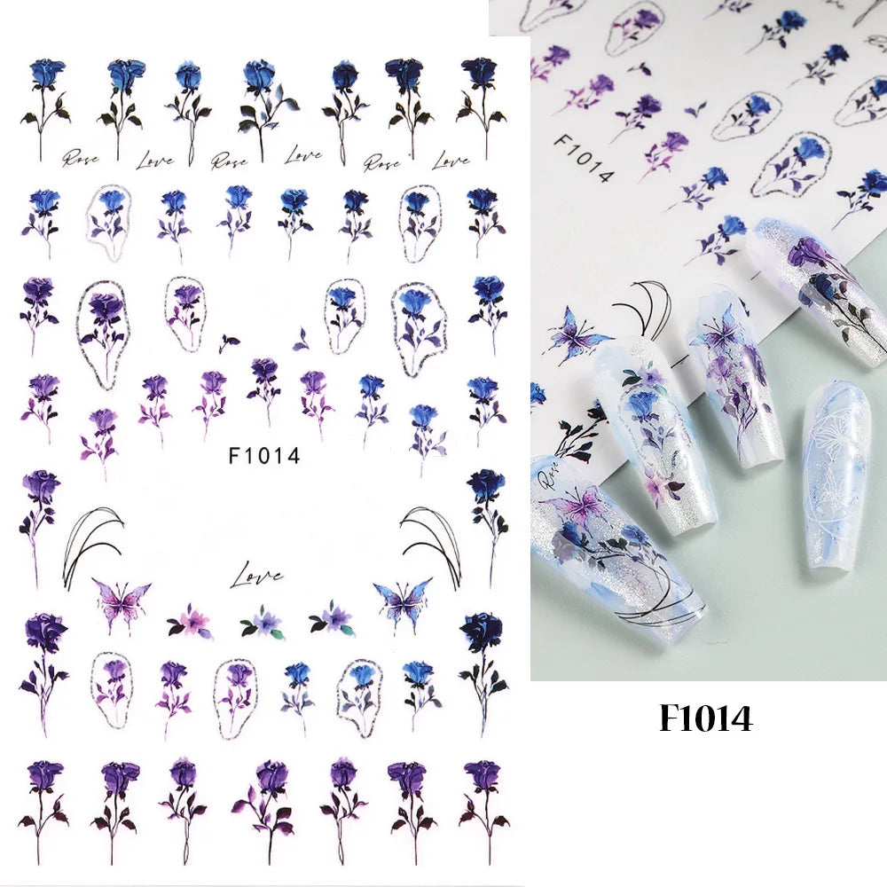 3d Nail Art Decals Spring Booming Violets Lavenders Purple Blue Pink Flowers Butterflys Stickers Decoration For Nail Tips Beauty
