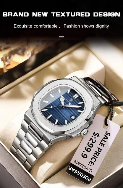 POEDAGAR Luxury Brand Men's Quartz Wristwatch Stainless Steel Waterproof Luminous Date Man Clock Square Business Watches For Men