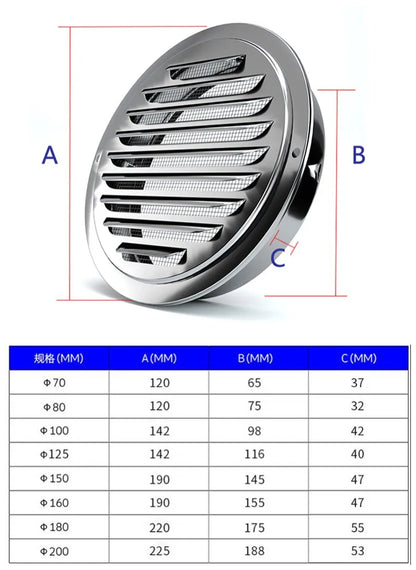 Stainless Steel Exterior Wall Air Outlet Grille Round Duct Cap Air Ventilation Cover Hole Plug 70-200mm Wall Ventilation System