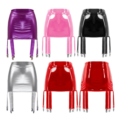 Women's Garter Straps Pencil Skirts Patent Leather Wet Look Garter Belt Short Mini Skirts with Buckle Clips Sexy Clubwear Party