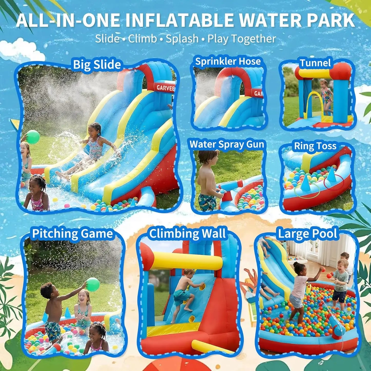 Garvee Kids Bouncy Castle with Water Slide, Large Inflatable with Blower, Jumping Area, Water Gun, Splash Pool, Outdoor Slide, Children’s Play Bouncer for Indoor or Outdoor Garden Games, Backyard Toy