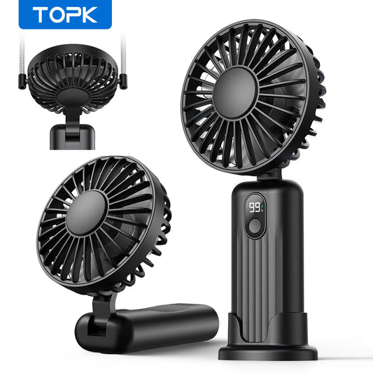 TOPK nešiojamas mini ventiliatorius, 2400 mAh USB įkraunamas rankinis ventiliatorius ant kaklo 3in1 asmeninis elektrinis ventiliatorius, pastatomas ventiliatorius kambariui, stovyklavimui, sulankstomas