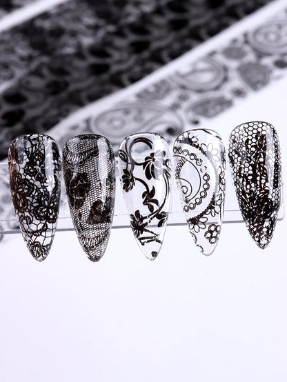 10 Sheets Lace Nail Foil White & Black Nail Stickers Design Transfer Foils Starry Sky Paper Nail Art Foil Decals for Nails Salon