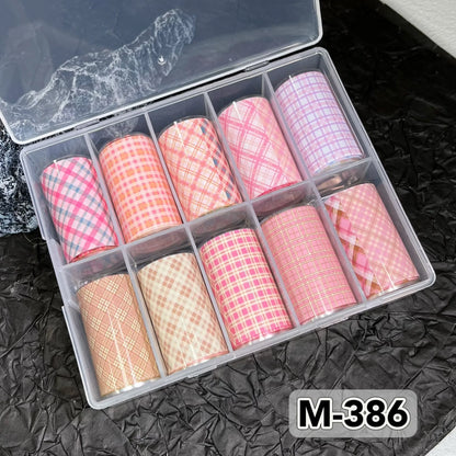 10 Rolls New Design Fresh Nail Foils for Transfer Paper Sticker Plaid Sliders Denim Nails Wraps DIY Bowknot Nail Art Decorations