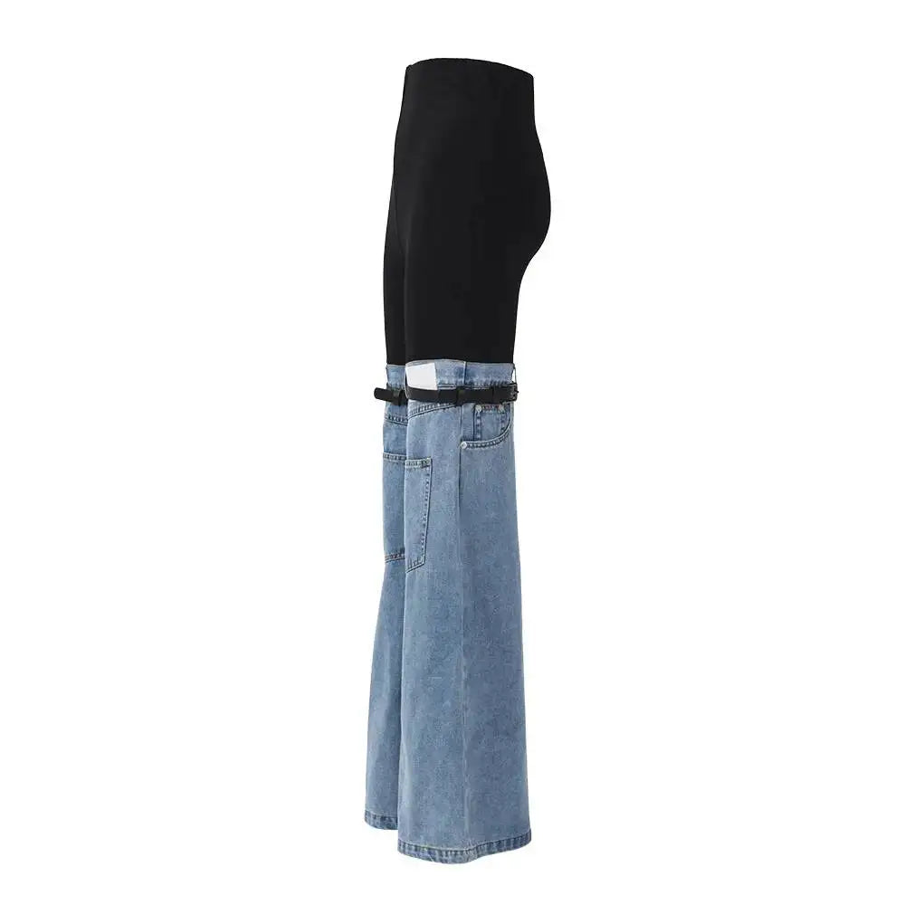 LGRQ Denim Patchwork Pants For Women Fashion New High Waist Contrast Color Belt Straight Pant Female 2026 Summer New 17A2013H