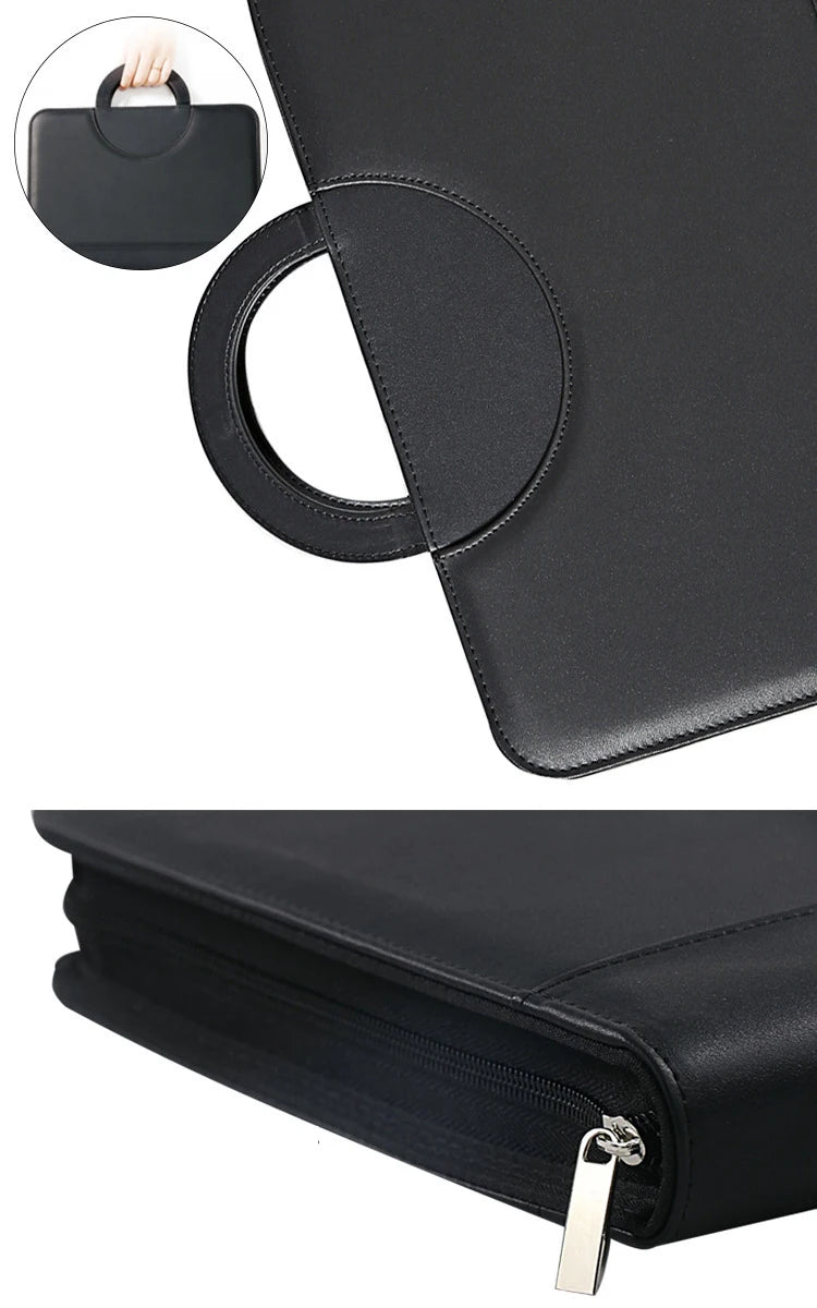 PU leather A4 zipper calculator binder conference file pad folder briefcase tablet portable circular handle file bag